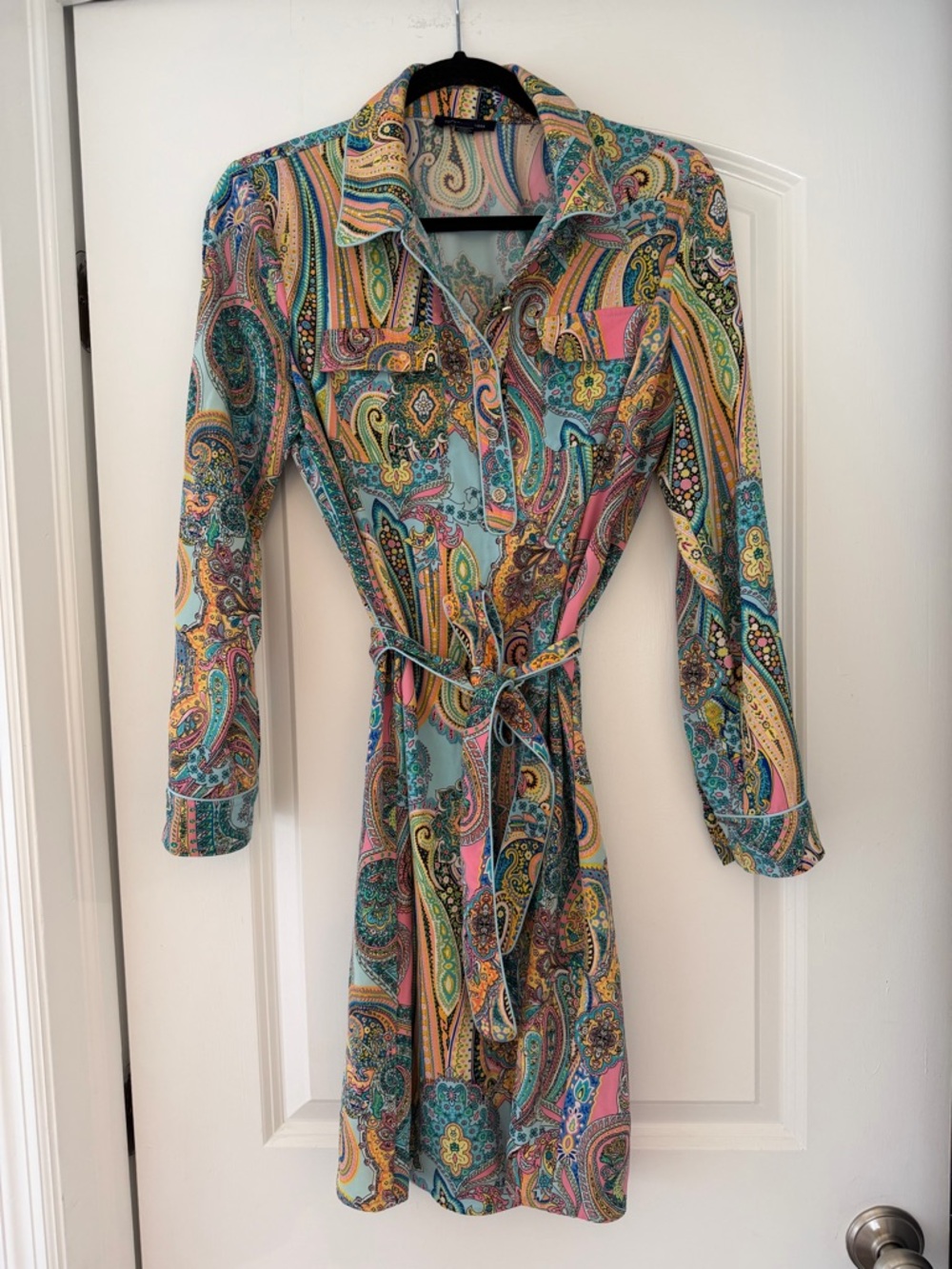 Paisley Print Button-Front Shirt Dress with Tie Waist - Multicolor